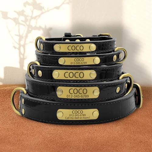 Vista 3 de Collar de perro de cuero genuino personalizado Senristar con placa de nombre grabada - Collar para perro duradero y elegante personalizado para Negro