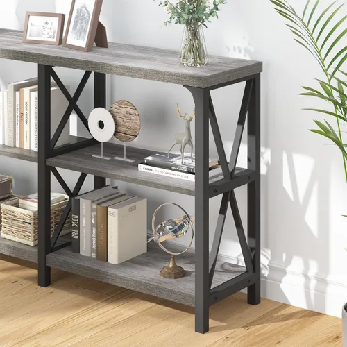 Vista 86 de IBF Mesa de entrada de granja, mesa consola larga rústica detrás del sofá, moderna mesa de sofá de madera de metal con estantes de almacenamiento