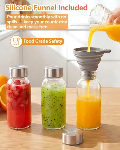 Vista 4 de Zukro Botellas de agua de vidrio de 8 onzas con tapas, botellas reutilizables de jugo transparente con tapa hermética de acero inoxidable