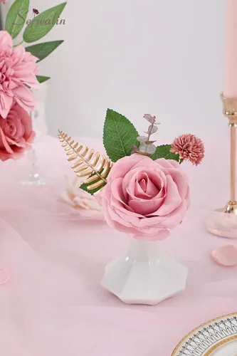 Vista 8 de Serwalin Flores artificiales de seda rosa polvoriento, flores falsas para bricolaje, ramos de boda, flores de pastel, decoración de primavera