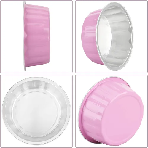 Vista 8 de Beasea - Vasos de aluminio con tapas, 8 onzas, paquete de 100 moldes desechables de 3.9 pulgadas, para hornear ramekin, taza de soufflé rosa