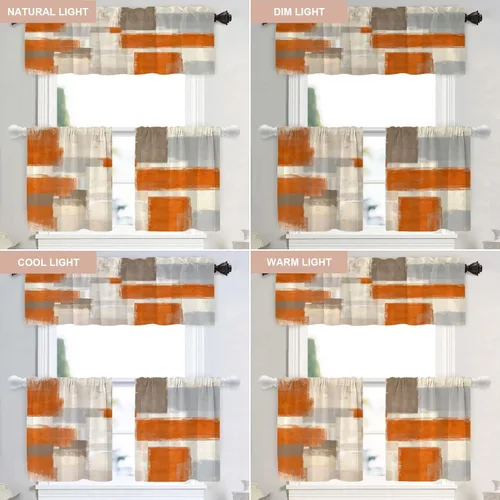 Vista 9 de Shrahala Beige and Orange Abstract Art Brushstrokes Tier Curtains for Kitchen Windows, Abstract Oil Paint Cafe Curtain Multilayer Polyester Blackout