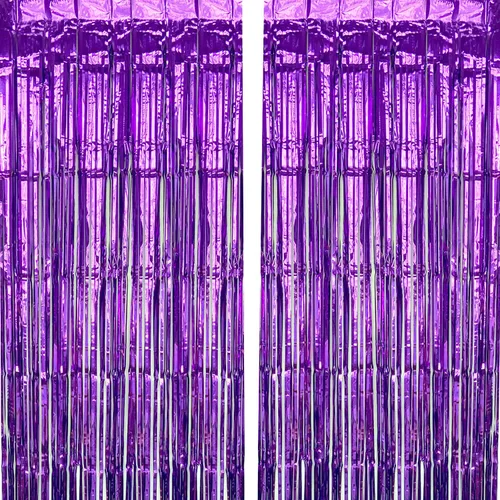 CHRORINE 2 cortinas de flecos de papel de oropel metálico púrpura, 3.3 x 8.2 ft, telón de fondo para fiesta, serpentinas de puerta, fondo para boda