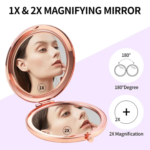 Vista 3 de Dynippy Espejo Compacto Oro Rosa Espejo de Maquillaje Mini Espejo de Bolsillo Plegable Espejo de Mano Portátil de Doble Cara 2x 1x Aumento