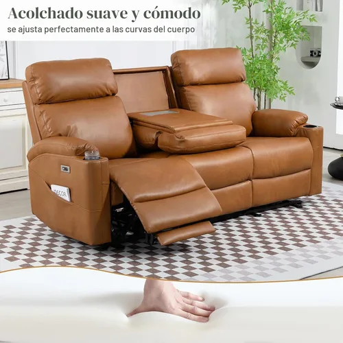 Vista 6 de Sofá reclinable eléctrico – Sofá reclinable de 3 plazas, sofá de piel sintética, asiento de cine en casa con respaldo medio abatible, sofá Marrón