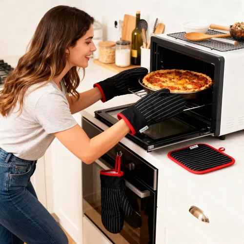 Vista 5 de Juego de manoplas de horno y soportes para ollas, guantes de horno y agarraderas con algodón de alta resistencia al calor, extra gruesos, largos