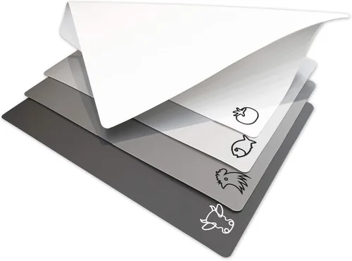 Vista 2 de Fotouzy Tablas de cortar de plástico con iconos de alimentos, alfombrillas de corte flexibles, juego de 4, sin BPA, no porosas, parte trasera Gris