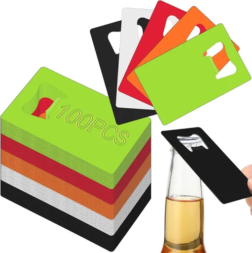 Vista 7 de Nuogo Abrebotellas de acero inoxidable, 100 unidades de acero inoxidable, abrebotellas de tarjetas de metal a granel, abrebotellas para bodas, Negro