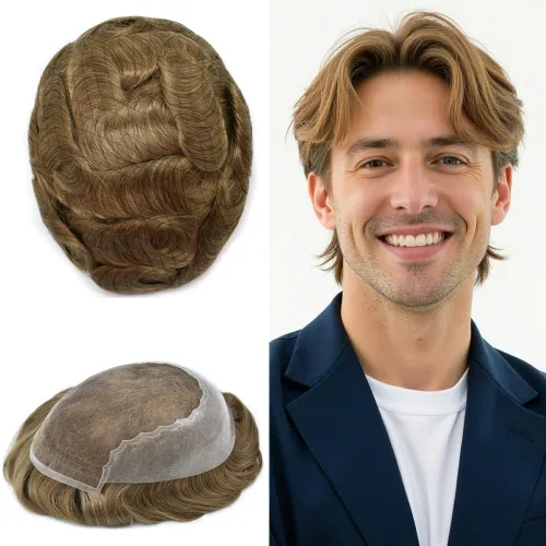 Vista 34 de Toupee - Sistemas de reemplazo de cabello para hombre, encaje frontal suizo, nudo blanqueado, pieza de cabello humano natural