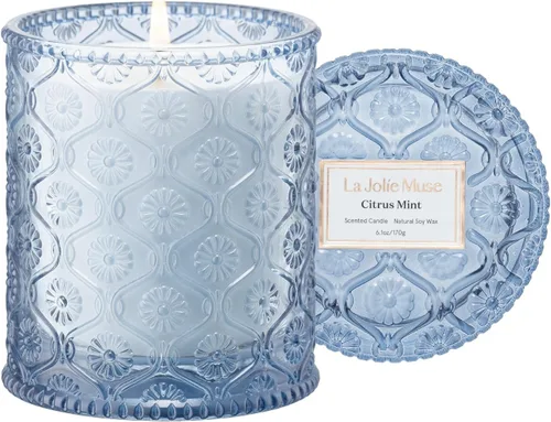 LA JOLIE MUSE Vela cítrica de menta – Yuzu, menta y tonka | 6 onzas de cera de soja natural | 40 horas de combustión limpia | Lista para regalar
