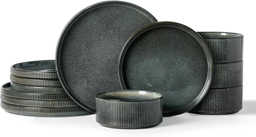 Vista 17 de Juego de vajilla Famiware Star con tazas, servicio para 4 (16 piezas), platos y cuencos de gres acanalado, resistentes a las astillas y a