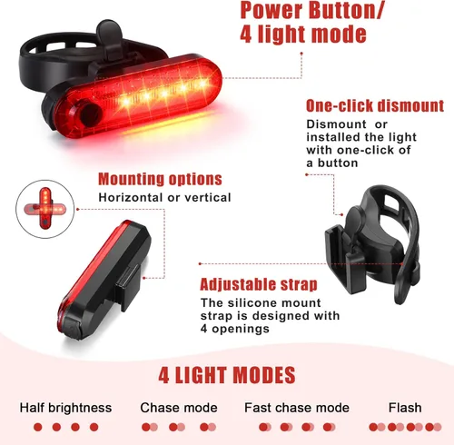 Vista 5 de Hanaive Juego de 4 luces LED brillantes para bicicleta, recargable por USB, faros delanteros y traseros, impermeables, accesorios de ciclismo