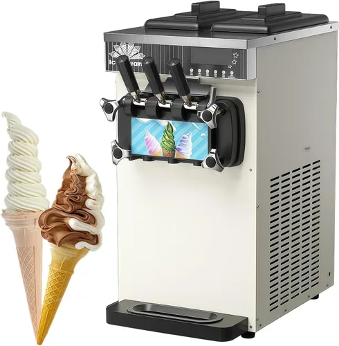 BANGBANGJI Máquina de helado suave de tres sabores, máquina de helado de servicio suave para encimera comercial, tolva de 3.5 L x 2, rendimiento de
