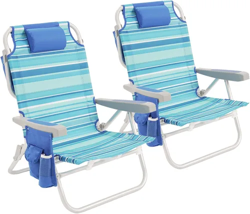 Vista 42 de SUNNYFEEL Silla de Playa Baja de 5 Posiciones Completamente Reclinable, Sillas de Playa Plegables Portátiles Tipo Mochila Resistentes con Bolsa