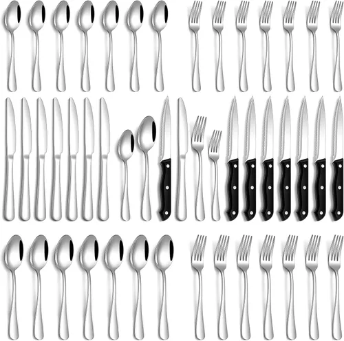 Vista 10 de PHILIPALA Juego de cubiertos negros de 24 piezas con cuchillos de carne, juego de cubiertos de acero inoxidable de grado alimenticio para 4, juego