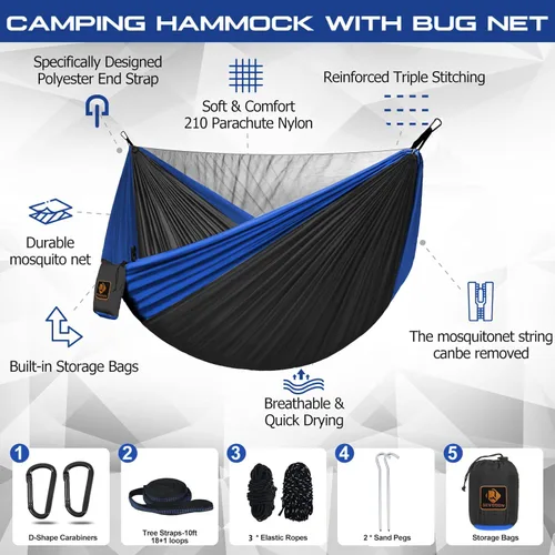 Vista 3 de Hamaca de campamento, hamacas portátiles con mosquitera, hamaca de paracaídas de nailon ligera con correas de árbol de 10 pies, equipo de campamento