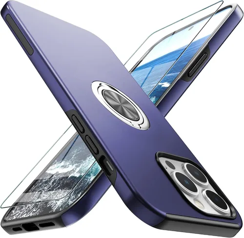 Vista 11 de Funda compatible con iPhone 15 con protector de pantalla de vidrio templado, resistente funda protectora delgada 2 en 1 con soporte de anillo Negro