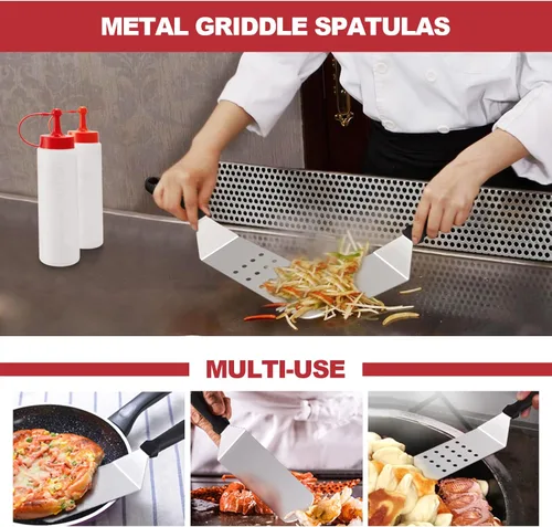 Vista 4 de HaSteeL Kit de 8 accesorios para plancha, espátula de metal resistente, herramientas profesionales de plancha de acero inoxidable con bolsa