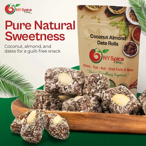 Vista 2 de NY Spice Shop Dátiles de coco seco - Rollos de dátiles de coco y almendras de 1 libra - Dátiles secos de almendras de fruta dulce - Dátiles frescos