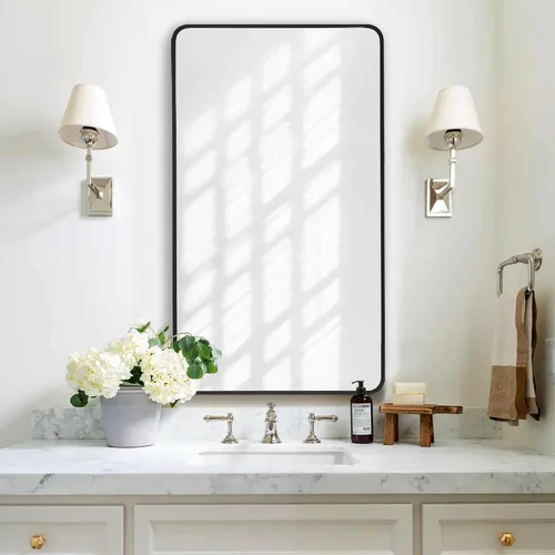 Vista 14 de Espejo rectangular de baño de 30 x 30 pulgadas con marco de metal negro, espejo rectangular de esquina redondeada para pared, moderno y grande