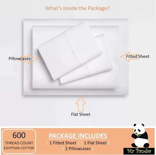 Vista 2 de Real 600-Thread-Count, Pure 100% Egyptian Cotton - Queen Sheet Set- 4 PC Queen Bedsheet, Sateen Weave Premium Bed Sheets, Fits mattresses Upto 10