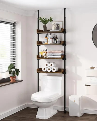 Vista 9 de ALLZONE Almacenamiento de 4 niveles sobre el inodoro, organizador de baño ajustable de madera sobre el inodoro, estantes independientes, se adapta a