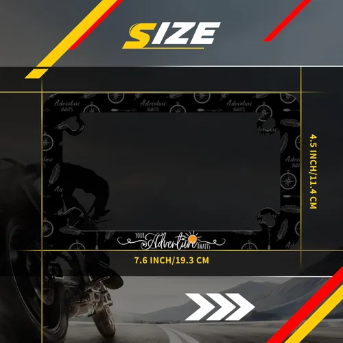 Vista 3 de Marco de matrícula de motocicleta Adventure Awaits con brújula y plumas tribales, material de acero inoxidable, divertido soporte para placa