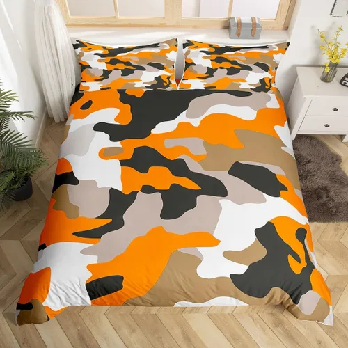Feelyou Orange Camouflage Duvet Cover Twin Size Camo Bedding Set for Boys Girls Military Style Comforter Cover Vintage Abstract Bedroom Decor 2Pcs