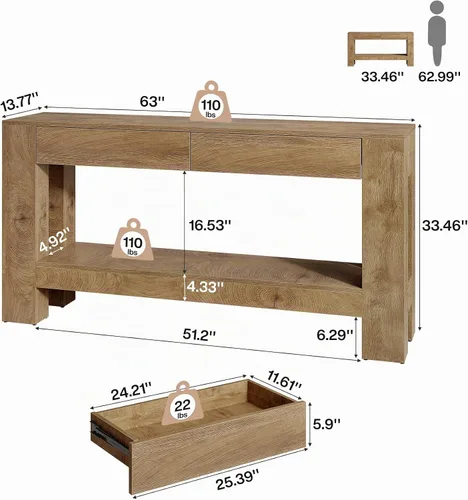 Vista 2 de Tribesigns Mesa consola de 63 pulgadas con 2 cajones, mesa de entrada de granja con estante de almacenamiento y patas resistentes, mesa de sofá