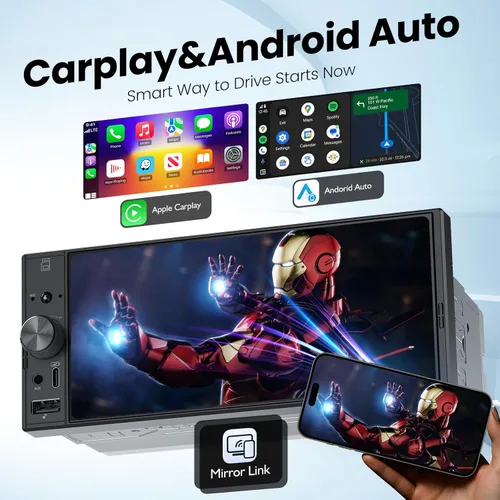 Vista 3 de Radio de automóvil DIN simple de 6.9 pulgadas con Apple CarPlay y Android Auto, pantalla táctil IPS estéreo para automóvil con cámara de respaldo