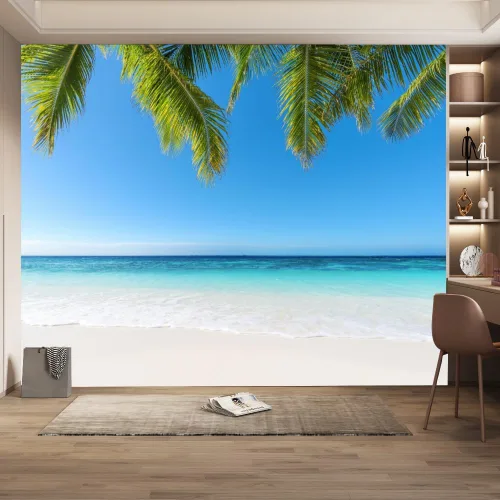 Vista 28 de Mural de pared 3D Ocean Beach, paisaje tropical, papel tapiz autoadhesivo extraíble para sala de estar, dormitorio, decoración de pared, 59 pulgadas