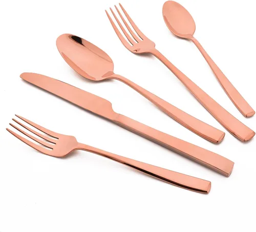 Juego de cubiertos de oro rosa de 20 piezas, cubiertos de acero inoxidable 18/10, juego de vajilla resistente, incluye cuchillo, tenedor/cuchara,
