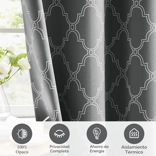 Vista 7 de Melodieux Cortinas 100% opacas de 96 pulgadas de largo para sala de estar, dormitorio estilo marroquí, aislamiento térmico, ahorro de energía Negro