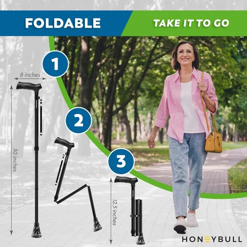 Vista 4 de HONEYBULL Walking Cane for Men & Women – Foldable, Adjustable, Lightweight Cane with Air Cushion Tip for Stability & Ergonomic Grip, Heavy Duty