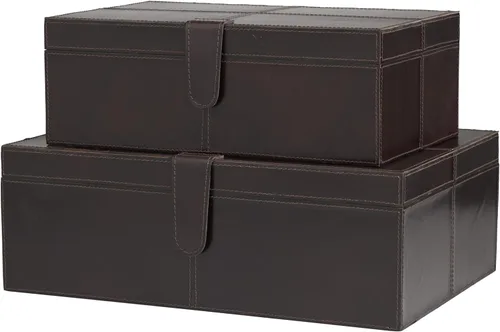 Deco 79 Caja decorativa de cuero hecha a mano con cierre frontal a presión y costuras detalladas, juego de 2 cajas de almacenamiento de 17 pulgadas,