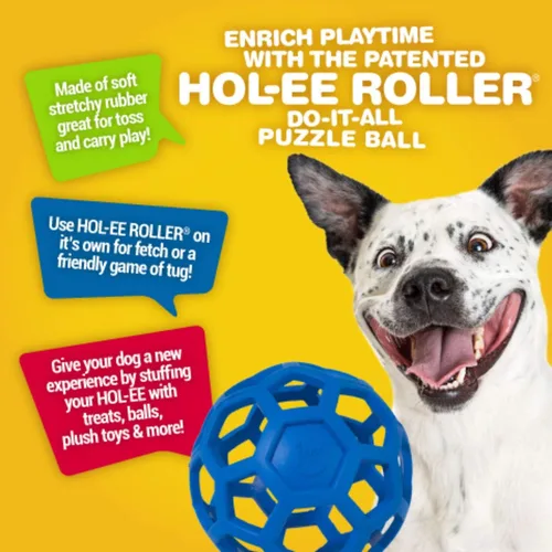 Vista 3 de JW Pet Hol-ee Roller - Bola de rompecabezas de juguete para perros, goma natural, pequeña (3 pulgadas de diámetro), los colores pueden variar