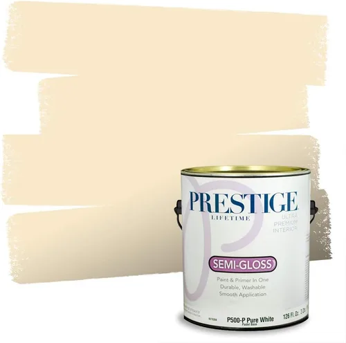 Vista 100 de PRESTIGE Pinturas de pintura exterior e imprimación en uno, 1 galón, plano, combinación comparable de Benjamin Moore* Manzanilla*