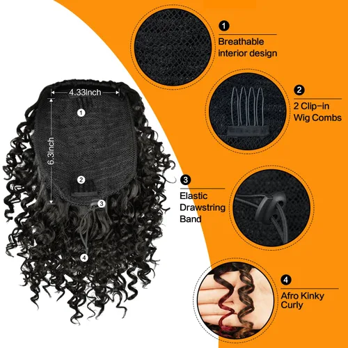 Vista 4 de PEACOCO Cola de caballo afro rizada con cordón para mujeres negras, extensiones de cola de caballo afro de 6 pulgadas, cabello sintético con 2 1b