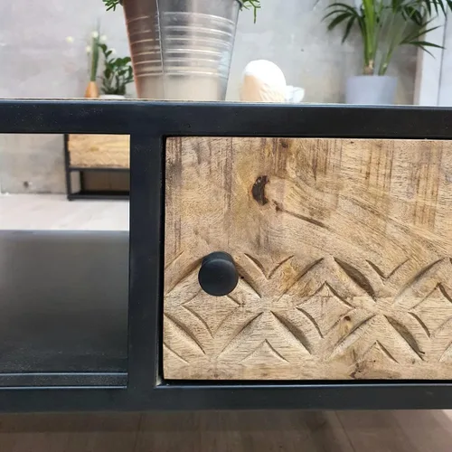 Vista 5 de Mesa de centro de madera retro para almacenamiento y patas de metal para puerta, estilo rústico, madera maciza, estilo industrial, muebles de sala