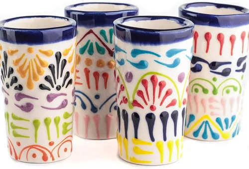 Vista 29 de Juego de 4 vasos de chupito Talavera auténticos mexicanos para tequila - Pintados a mano - 2 Oz (Talavera colorida)