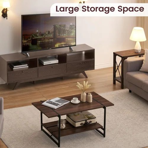 Vista 4 de 2-Tier Modern Industrial 41'' Large Wood Coffee Table with Storage Shelf - Rustic Metal Rectangle Center Living Room Coffee Table Accent Furniture