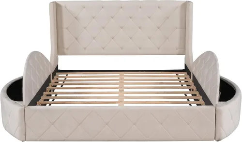 Vista 4 de Elegante cama de plataforma tapizada de terciopelo con 1 cajón grande y 2 taburetes de almacenamiento laterales, base de colchón de plataforma