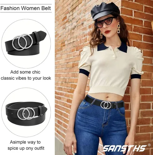 Vista 3 de Paquete de 2 cinturones de cuero sintético para mujer con hebilla de doble aro en O hasta 53 pulgadas