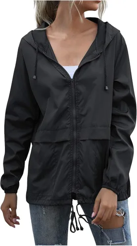 Vista 2 de Chubasqueros para mujer, chaqueta ligera impermeable resistente al viento, chaqueta de lluvia ajustable con capucha y bolsillos