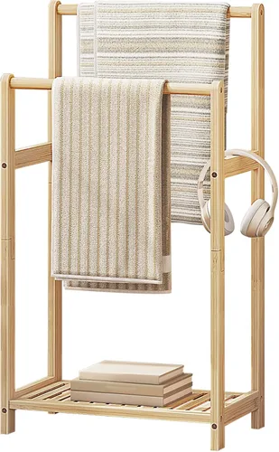 Vista 8 de HOOBRO Toallero independiente para baño, estante para mantas de bambú decorativo de 2 niveles, soporte de exhibición de edredón con estante