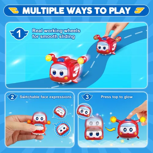 Vista 2 de Super Wings Juguetes, 4 PCS Super Pet Set, Resplandor y Cambio de Cara Transformable Juguetes Jett Donnie Paul Dizzy Pet, Juguetes Apilables