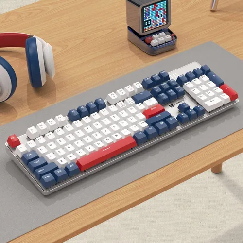 Vista 5 de Teclado mecánico para juegos intercambiable en caliente, retroiluminación blanca, interruptores azules, 104 teclas, con cable, teclados