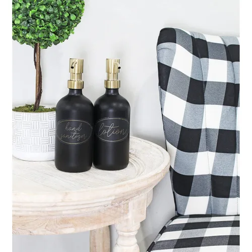 Vista 4 de Darware Botellas de bomba de vidrio de 16 onzas (juego de 2, negro con oro); botellas dispensadoras de jabón con tapas de bomba de metal cepillado