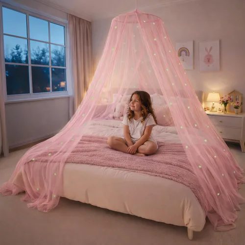 Vista 18 de Toldo de Cama Bollepo con Luces - Toldo Rosa de Princesa para Habitación de Niñas Individual, Doble, Matrimonial, Queen Cama Infantil, Toldo