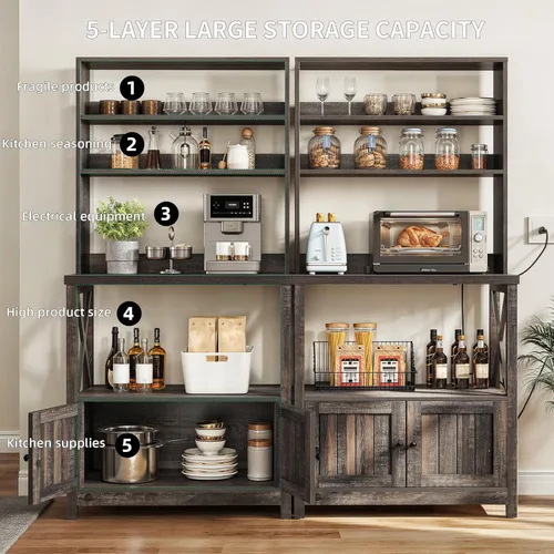 Vista 5 de YITAHOME Estante para panaderos con toma de corriente y puerta de gabinete de almacenamiento, soporte alto para microondas de cocina de 5 niveles